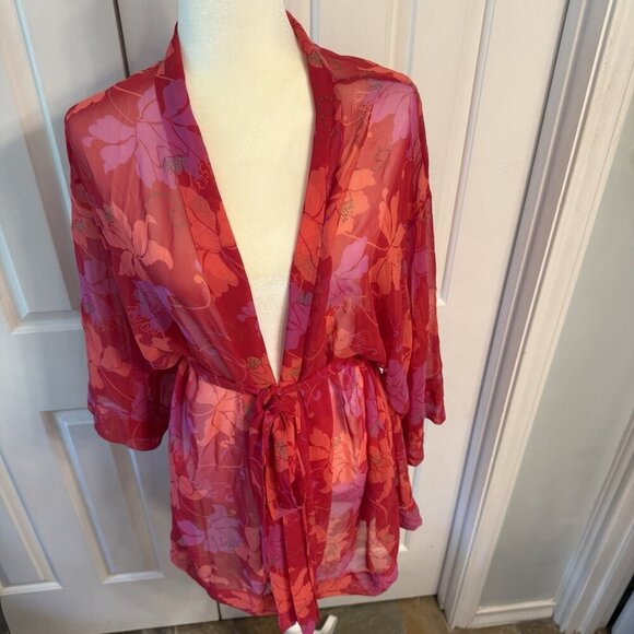 Victoria’s Secret Women’s Size OS Robe Chiffon Sheer Red Pink Floral Intimate - Picture 2 of 12